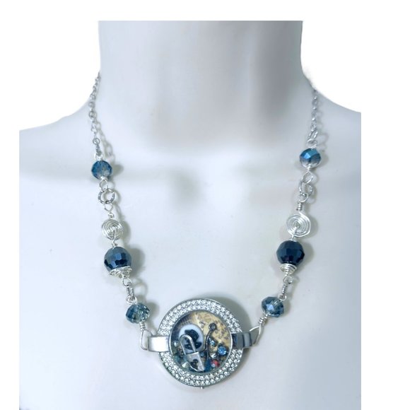 Floating Memory Pendant Upcycled Watch Shell Cameo Swarovski Crystals Necklace - Picture 5 of 15